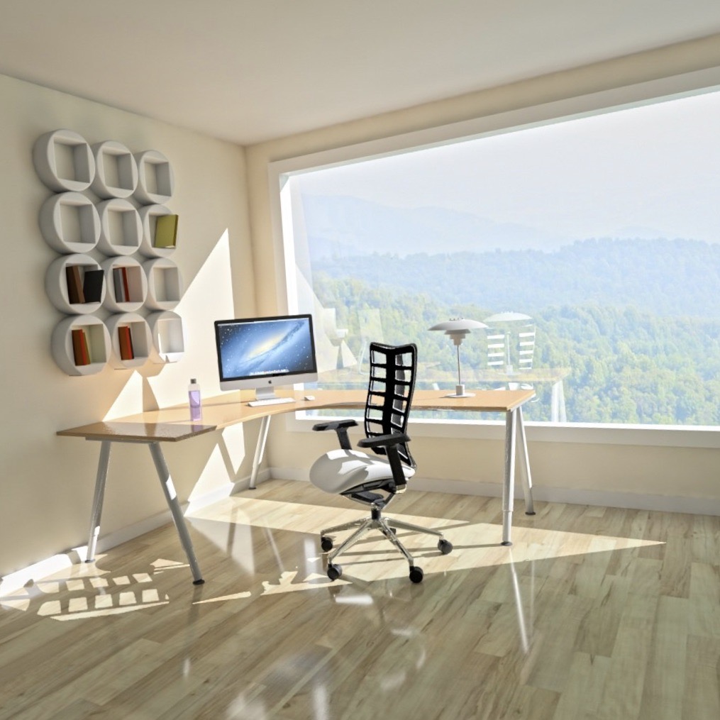 moderner B&uuml;roraum Stuhl Monitor Regal Fenster mit Weitblick